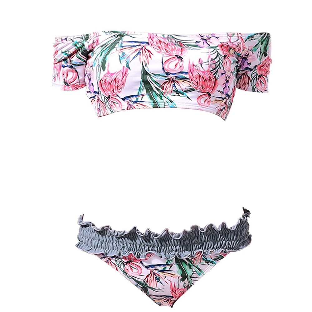 Flamingo Palm Print Bikini Off the Shoulder
